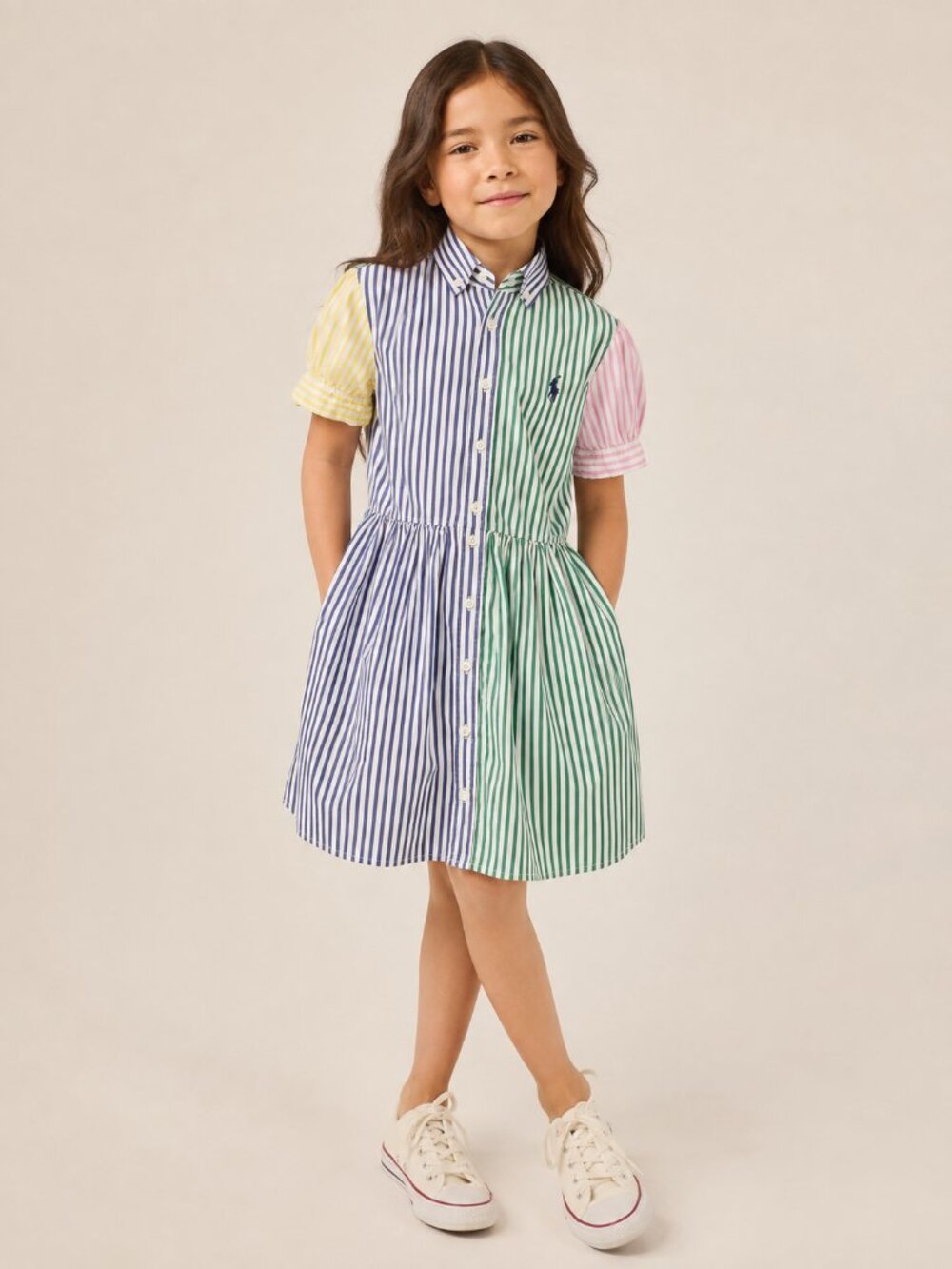 Polo Ralph Lauren Girls Size 8 Multicolor Striped Patchwork Cotton Shirt Dress